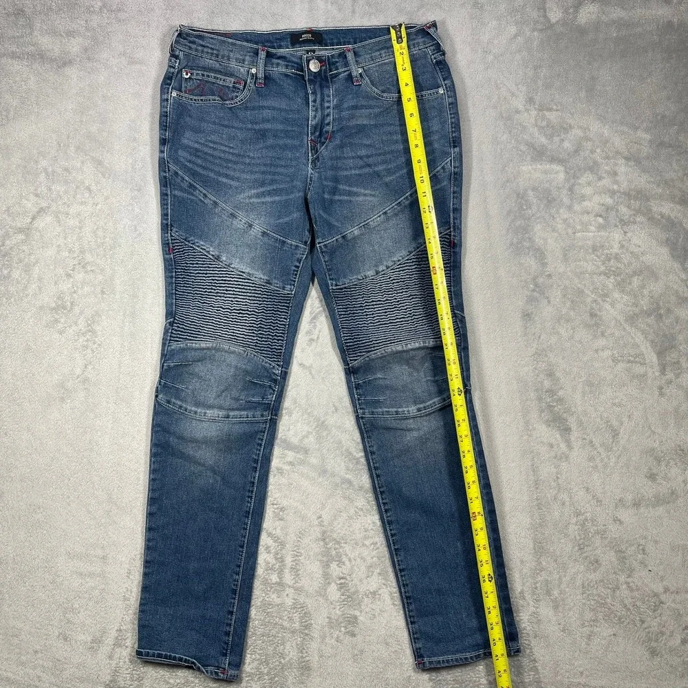 True Religion Rocco Moto Jeans Mens 32(34) Blue Relaxed Skinny Ribbed Knee